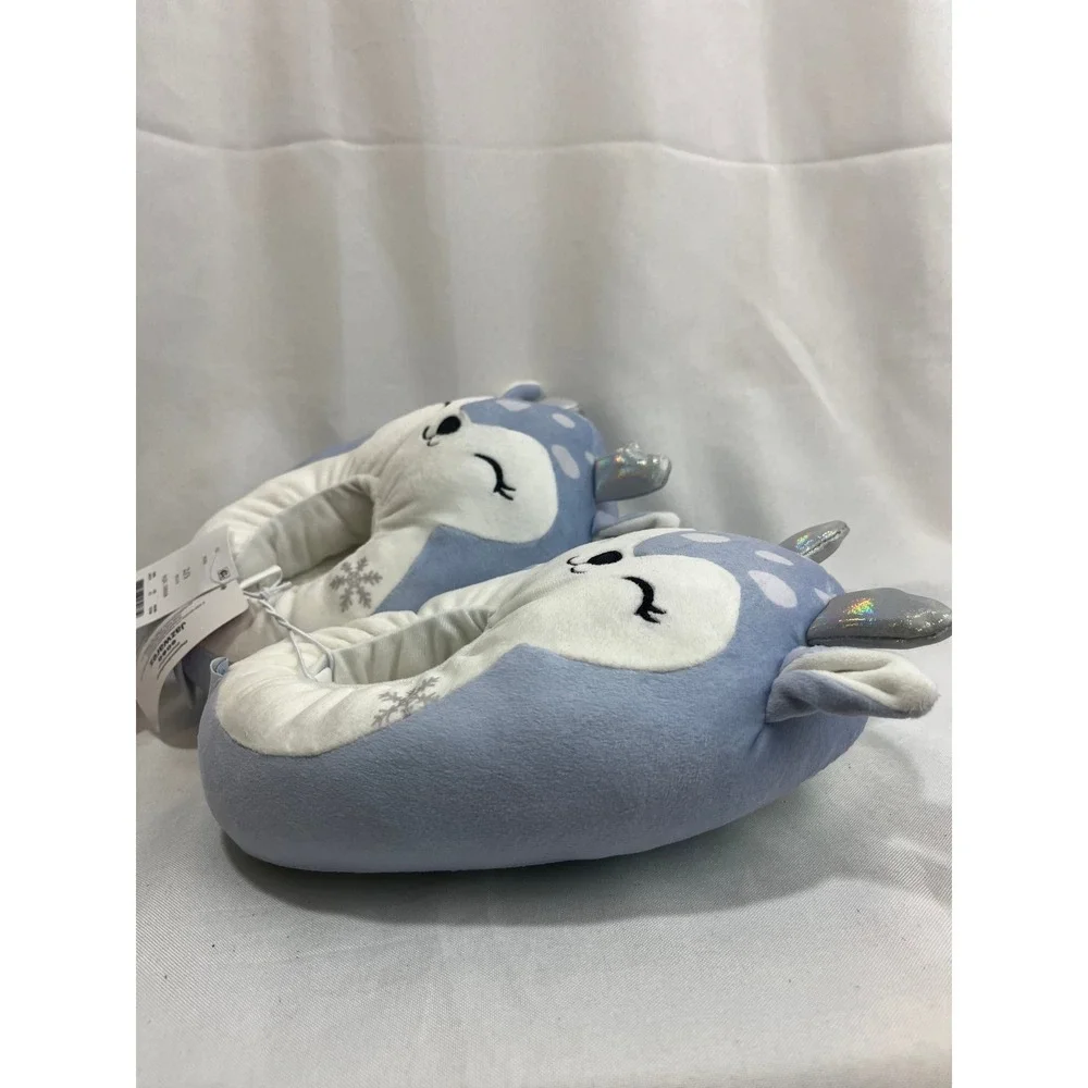 Squishmallows SQU Deer Blue Plush Kids Slippers Size 2/3 Silver Antlers NWT